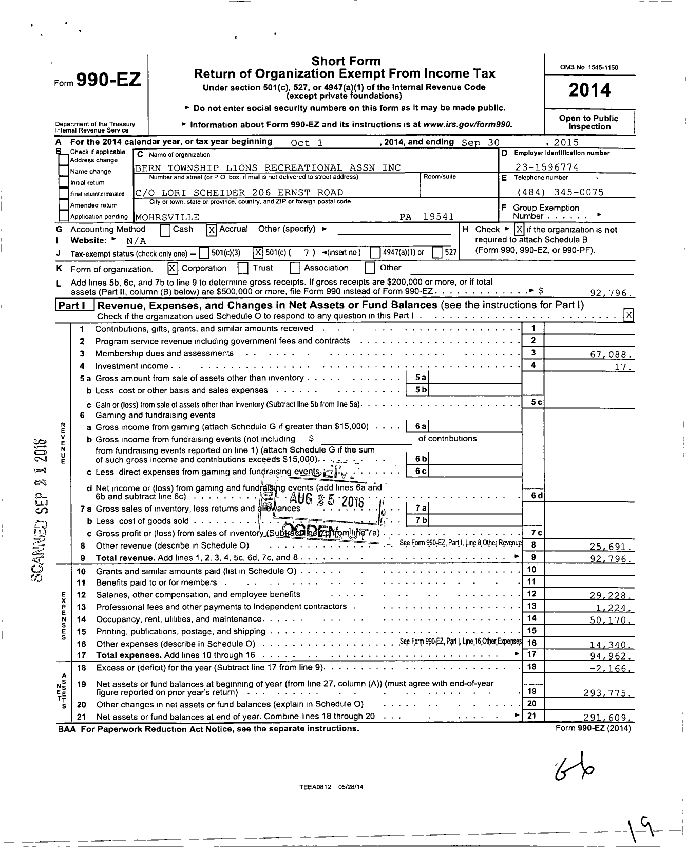 Image of first page of 2014 Form 990EO for Bern Township Lions Recreational Association