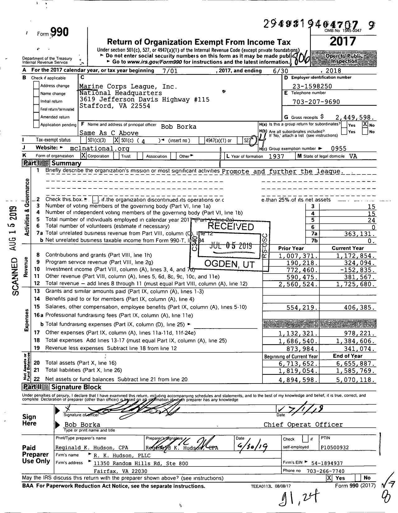 Image of first page of 2017 Form 990O for Marine Corps League - National Headquarters