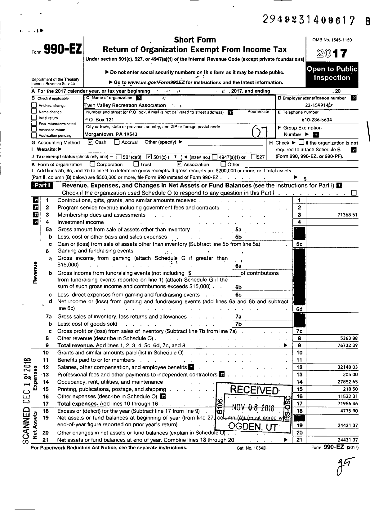 Image of first page of 2017 Form 990EO for Twin Valley Recreation Association