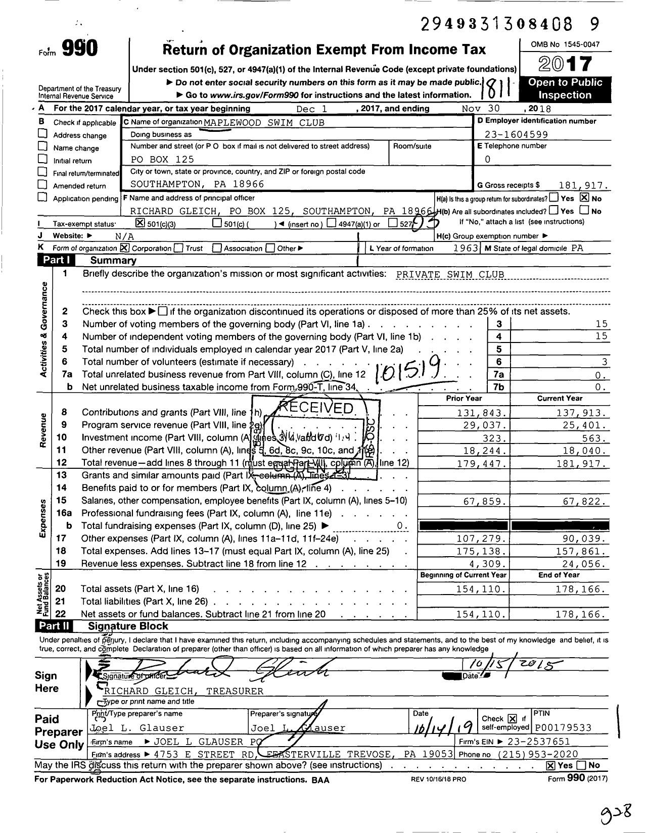 Image of first page of 2017 Form 990 for Maplewood Swim Club