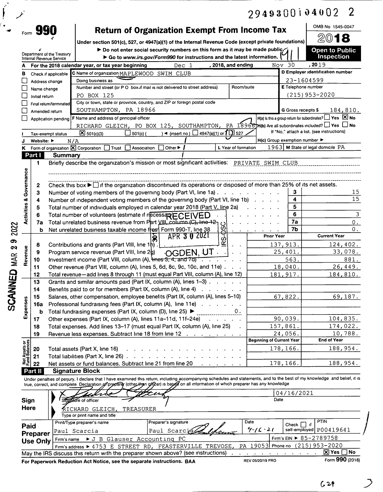 Image of first page of 2018 Form 990 for Maplewood Swim Club