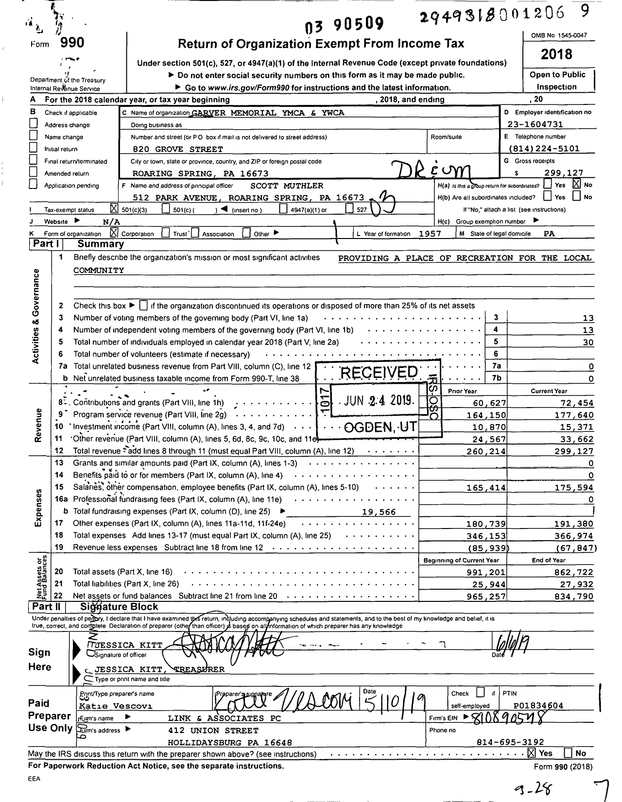 Image of first page of 2018 Form 990 for Dr and MRS Al Garver Memorial Ymca and Ywca