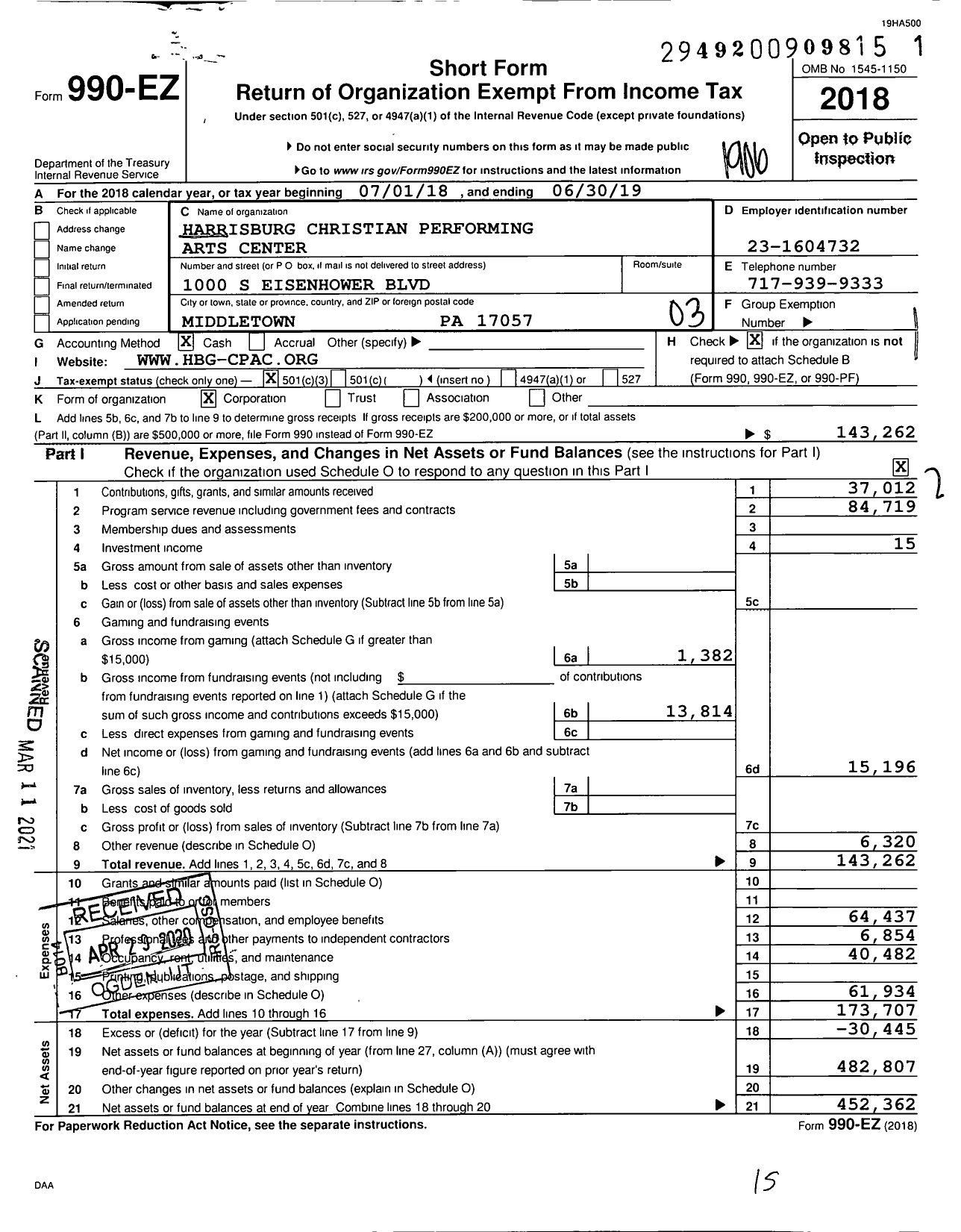 Image of first page of 2018 Form 990EZ for Harrisburg Christian Performing Arts Center