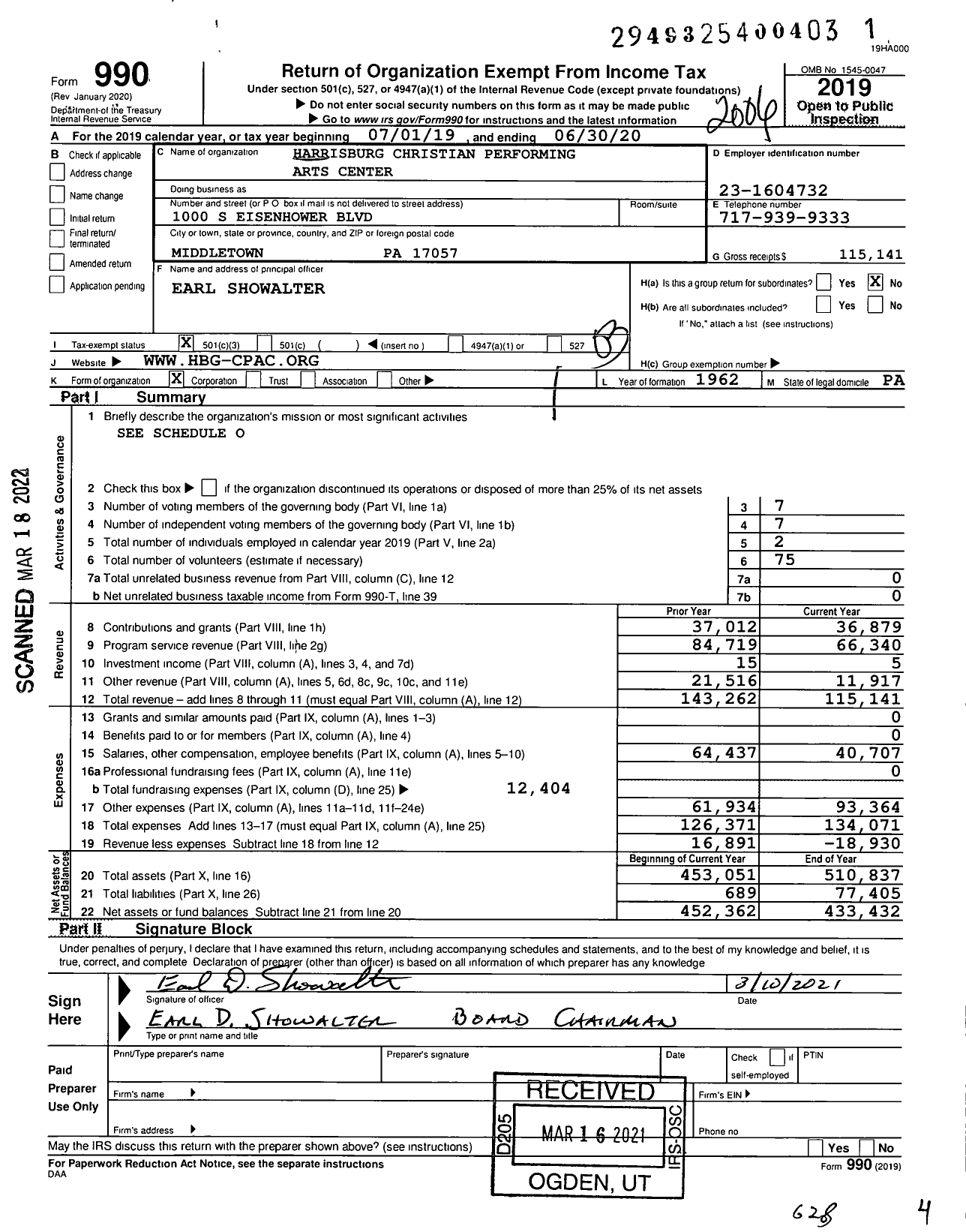 Image of first page of 2019 Form 990 for Harrisburg Christian Performing Arts Center