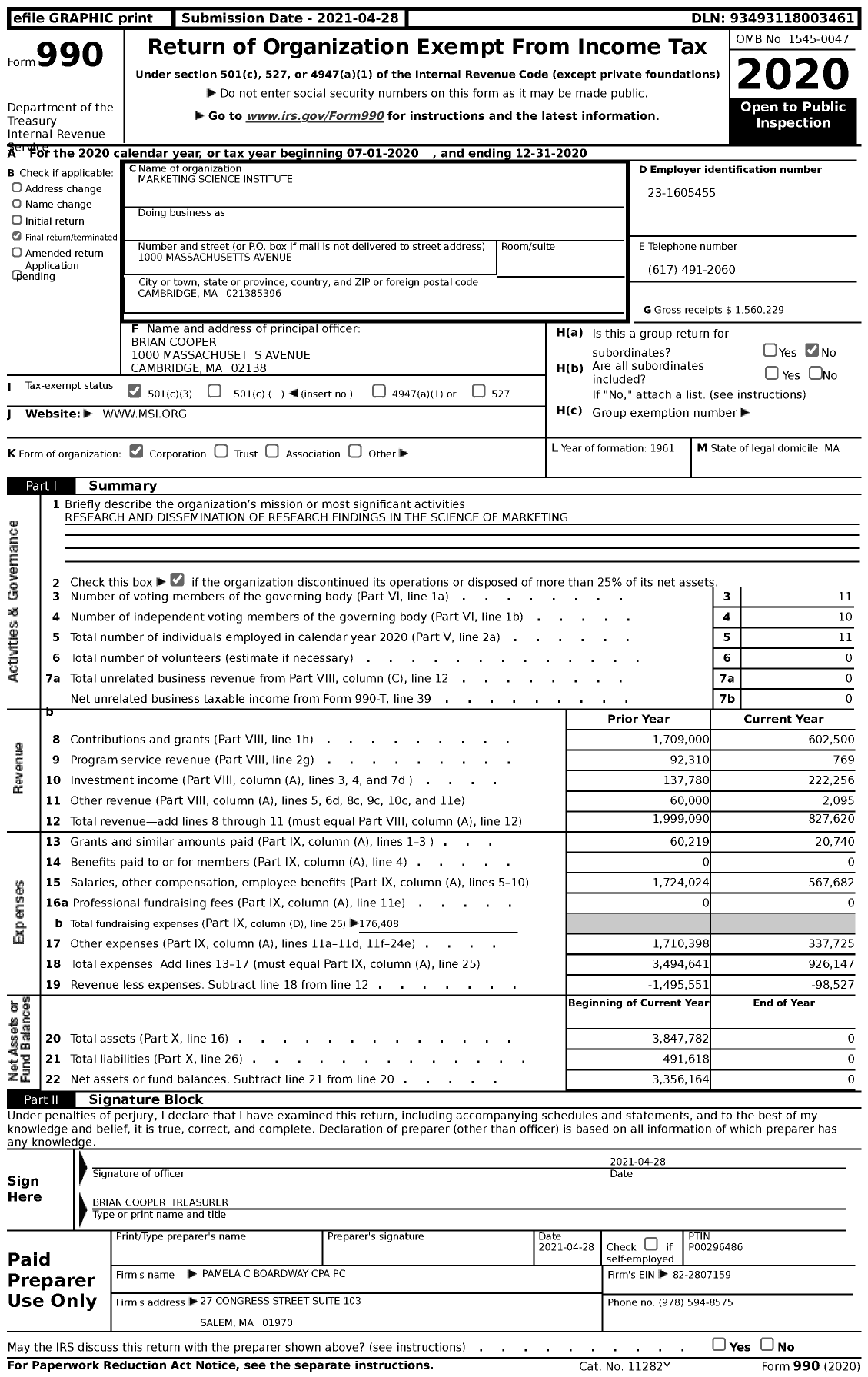 Image of first page of 2020 Form 990 for Marketing Science Institute
