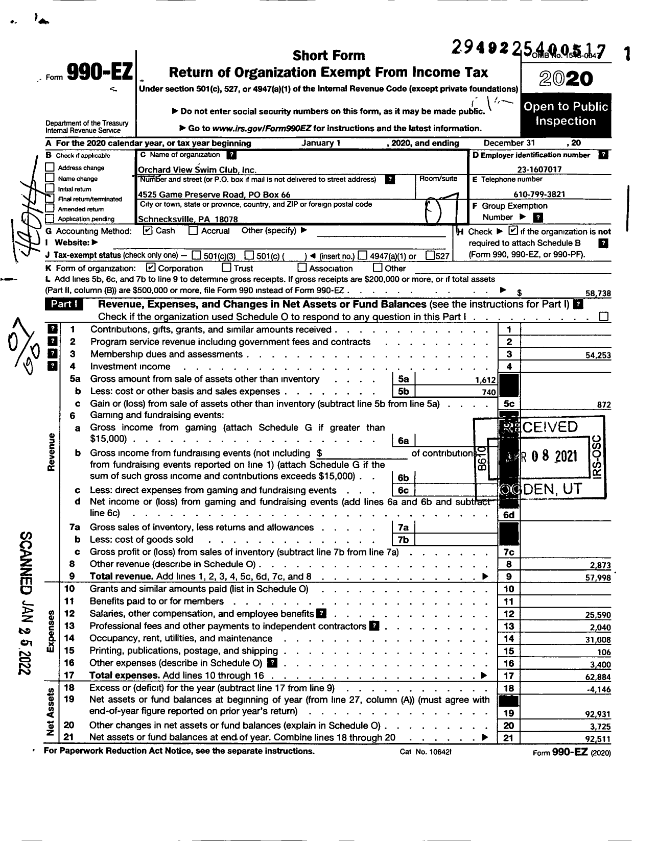 Image of first page of 2020 Form 990EO for Orchard View Swim Club