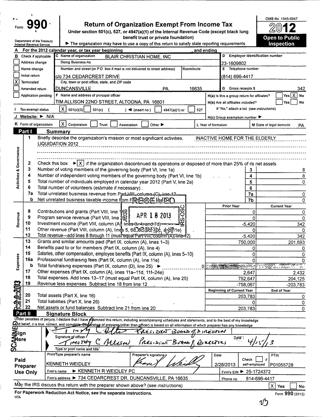 Image of first page of 2012 Form 990 for Blair Christian Home