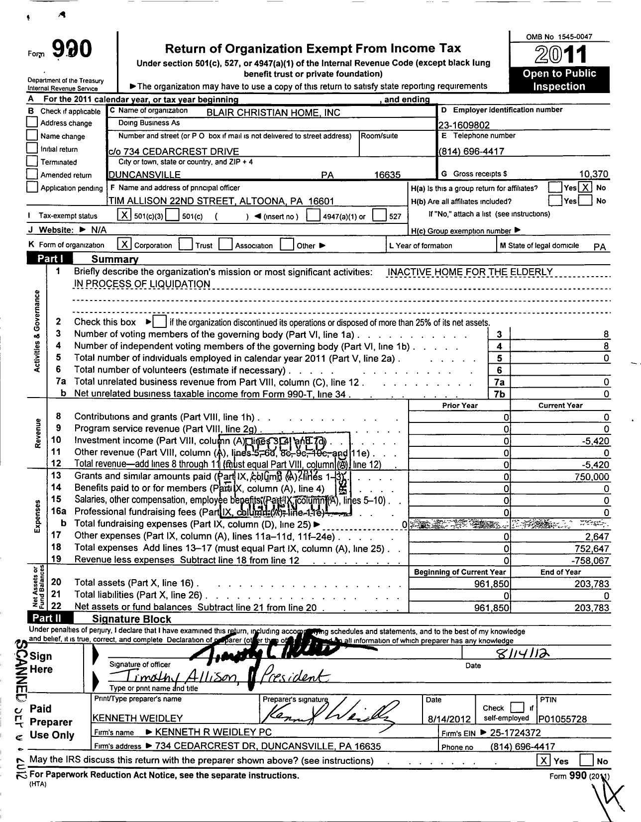 Image of first page of 2011 Form 990 for Blair Christian Home