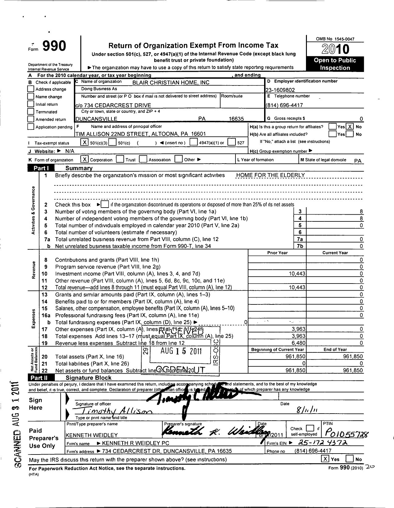 Image of first page of 2010 Form 990 for Blair Christian Home