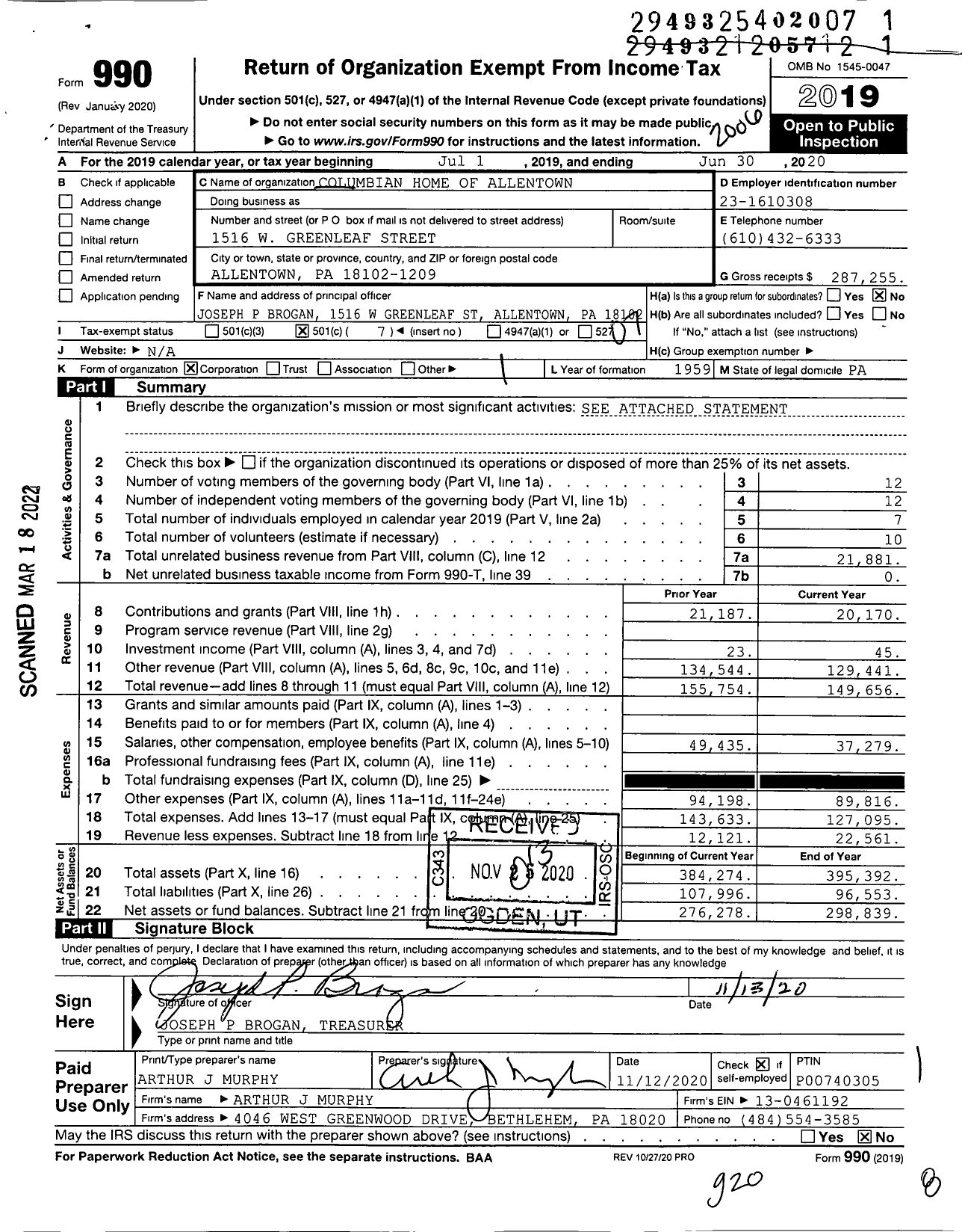 Image of first page of 2019 Form 990O for Columbian Home of Allentown