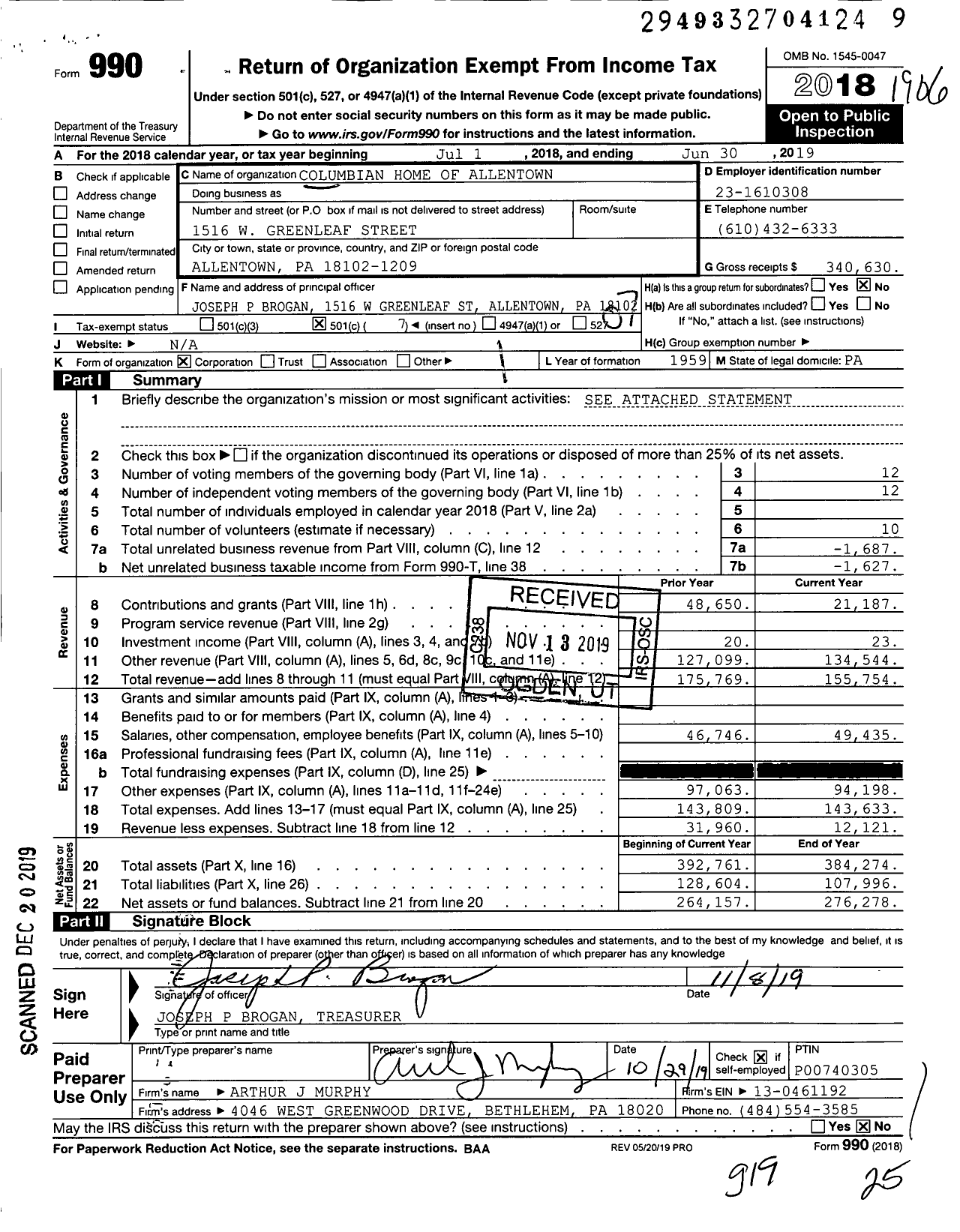 Image of first page of 2018 Form 990O for Columbian Home of Allentown