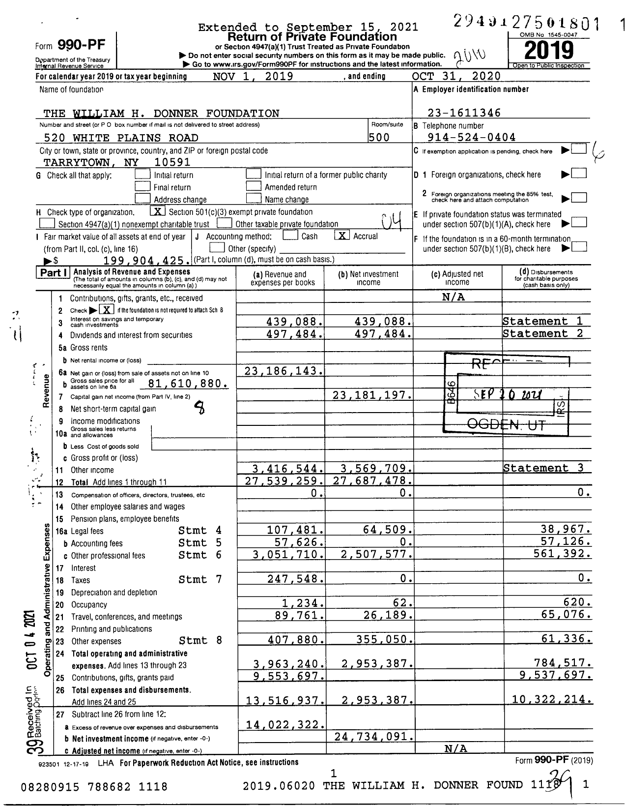 Image of first page of 2019 Form 990PF for The William H Donner Foundation