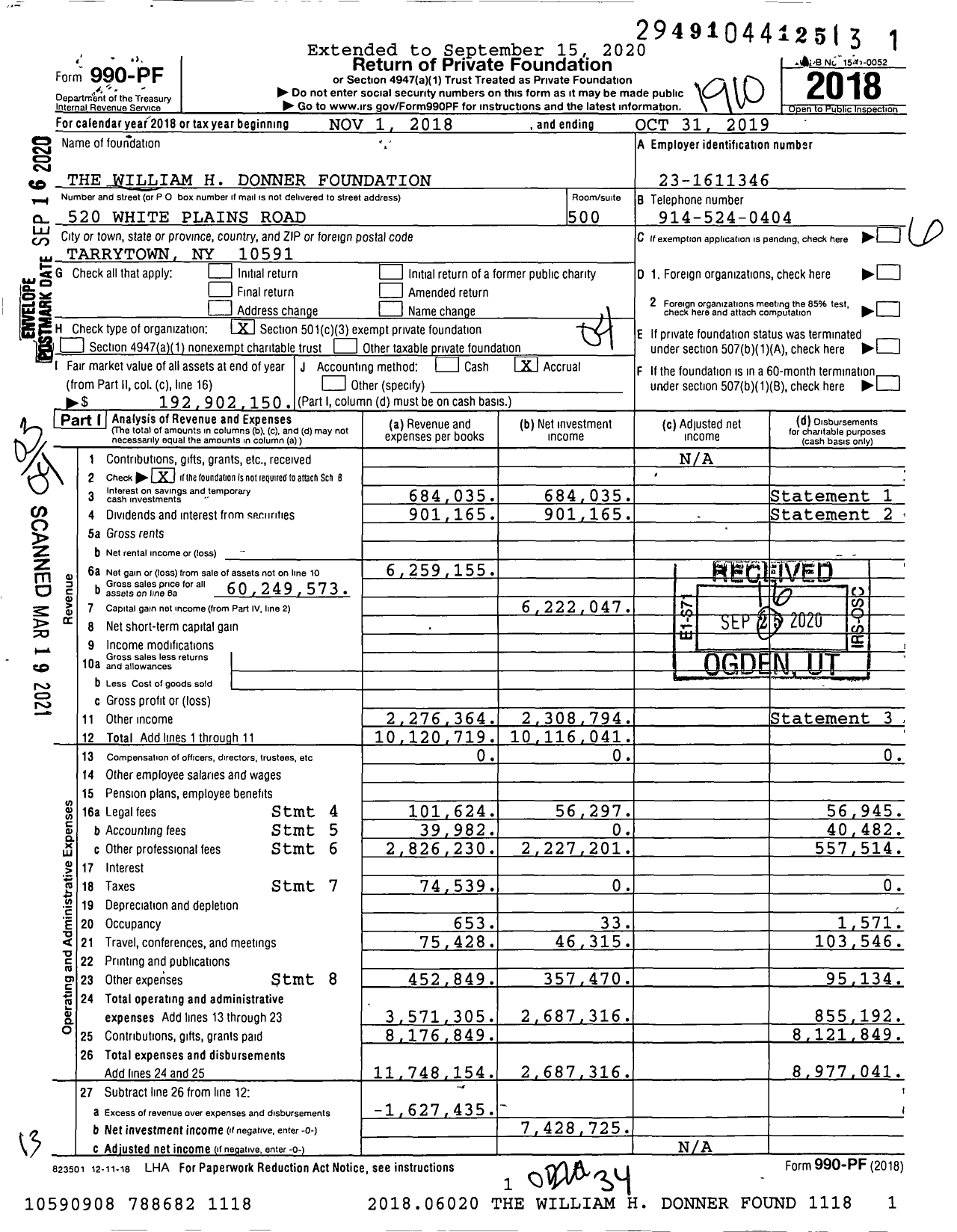 Image of first page of 2018 Form 990PF for The William H Donner Foundation