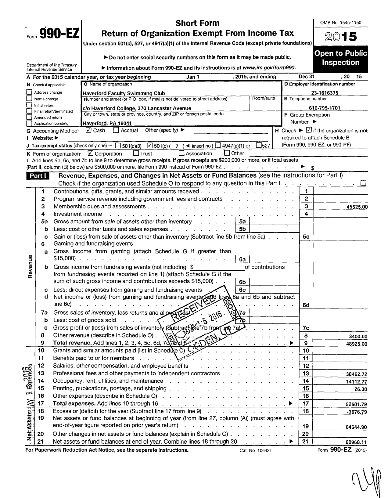 Image of first page of 2015 Form 990EO for Haverford Faculty Swimming Club