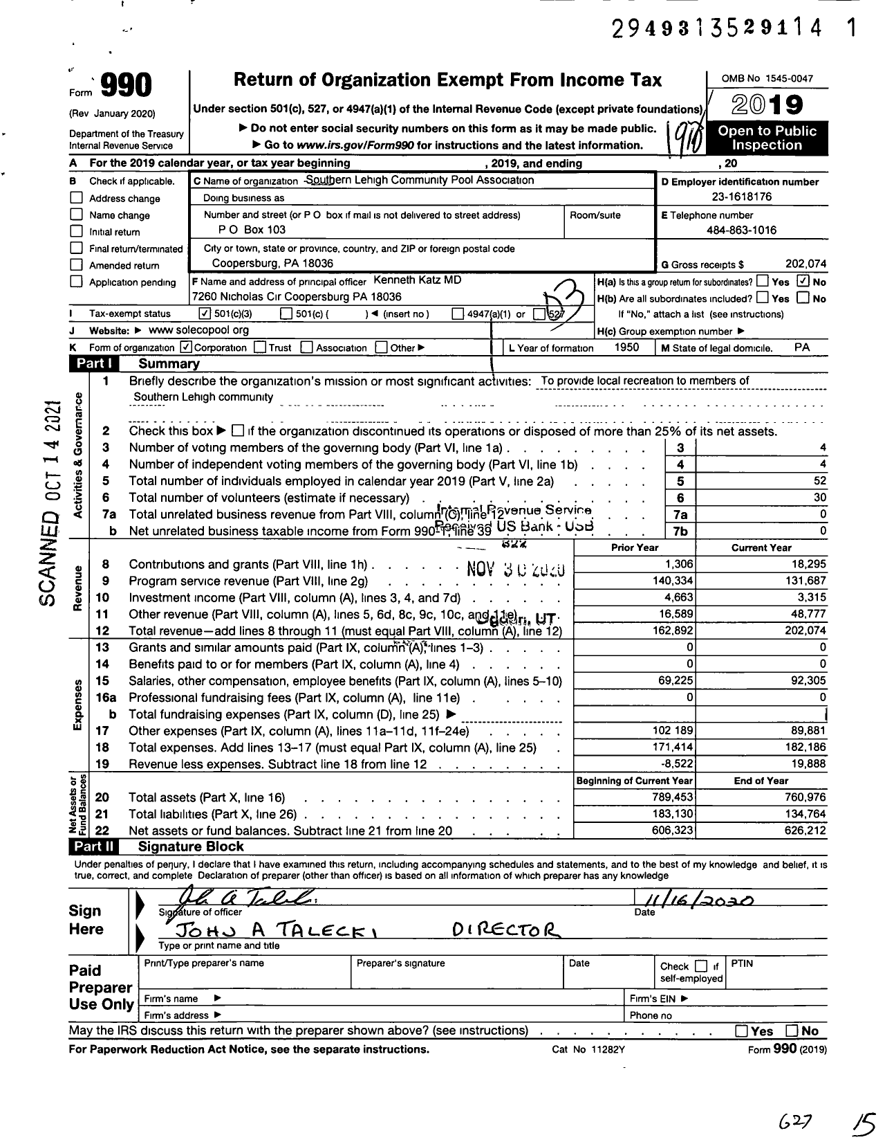 Image of first page of 2019 Form 990 for Southern Lehigh Community Pool Association