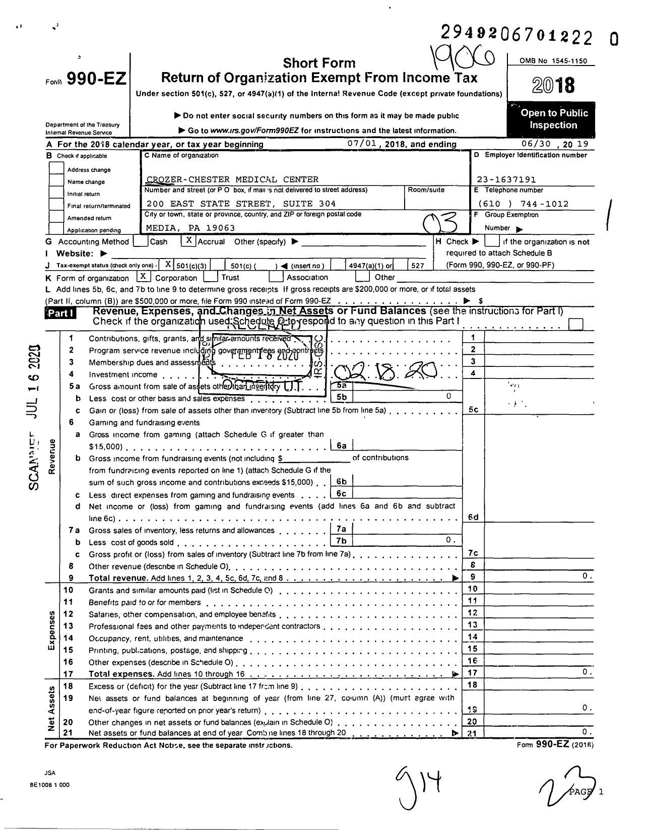 Image of first page of 2018 Form 990EZ for Crozer-Chester Medical Center