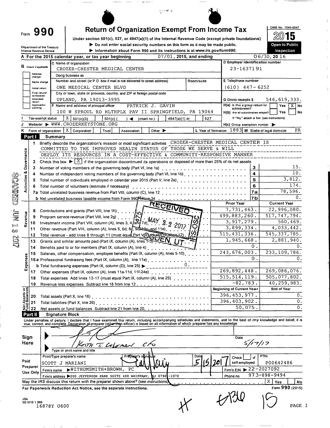 Image of first page of 2015 Form 990 for Crozer-Chester Medical Center