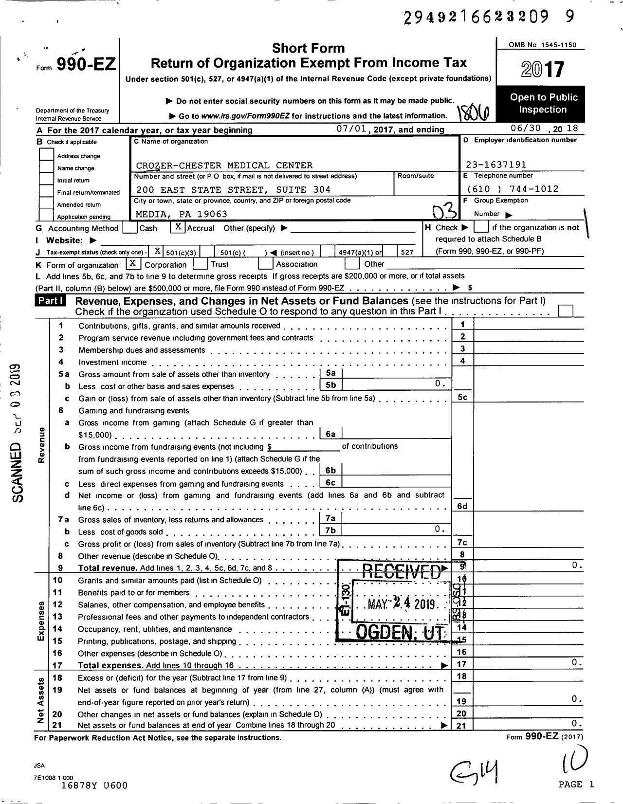 Image of first page of 2017 Form 990EZ for Crozer-Chester Medical Center