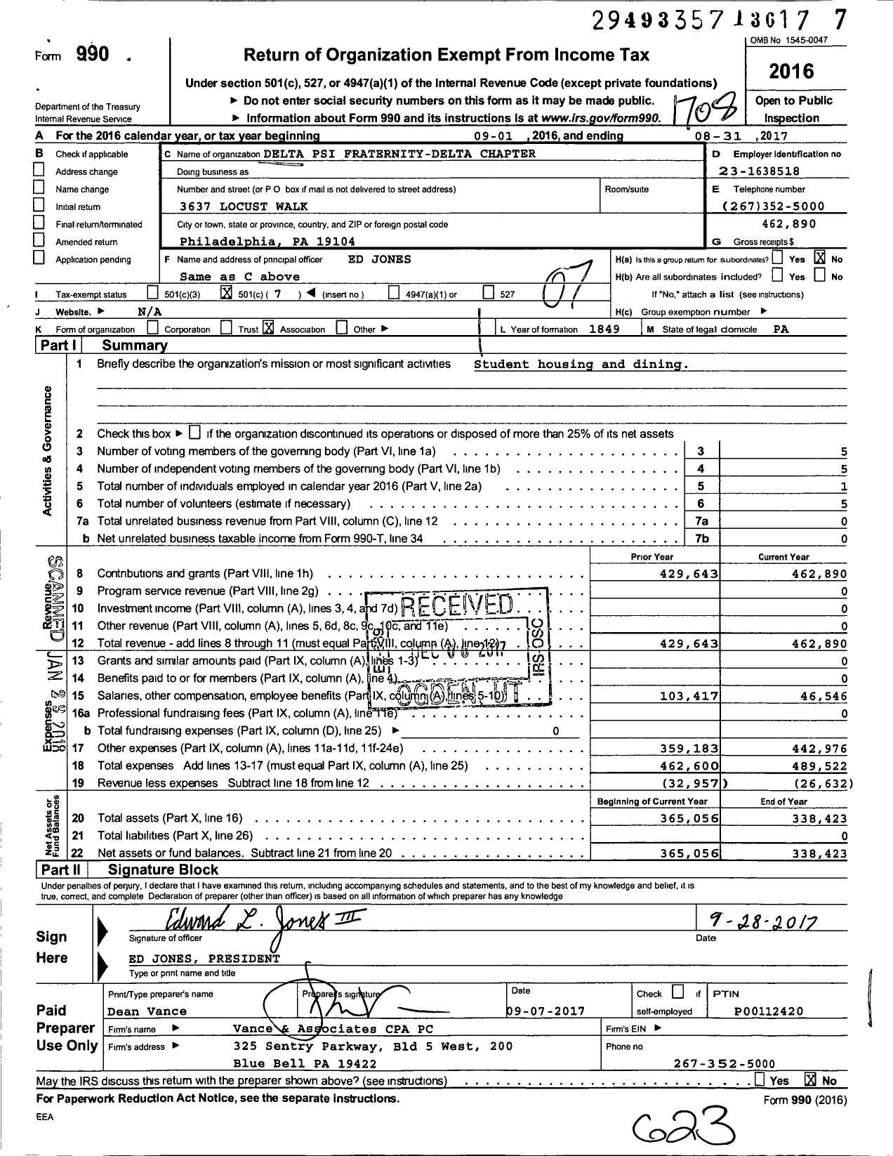 Image of first page of 2016 Form 990O for Delta Psi Fraternity