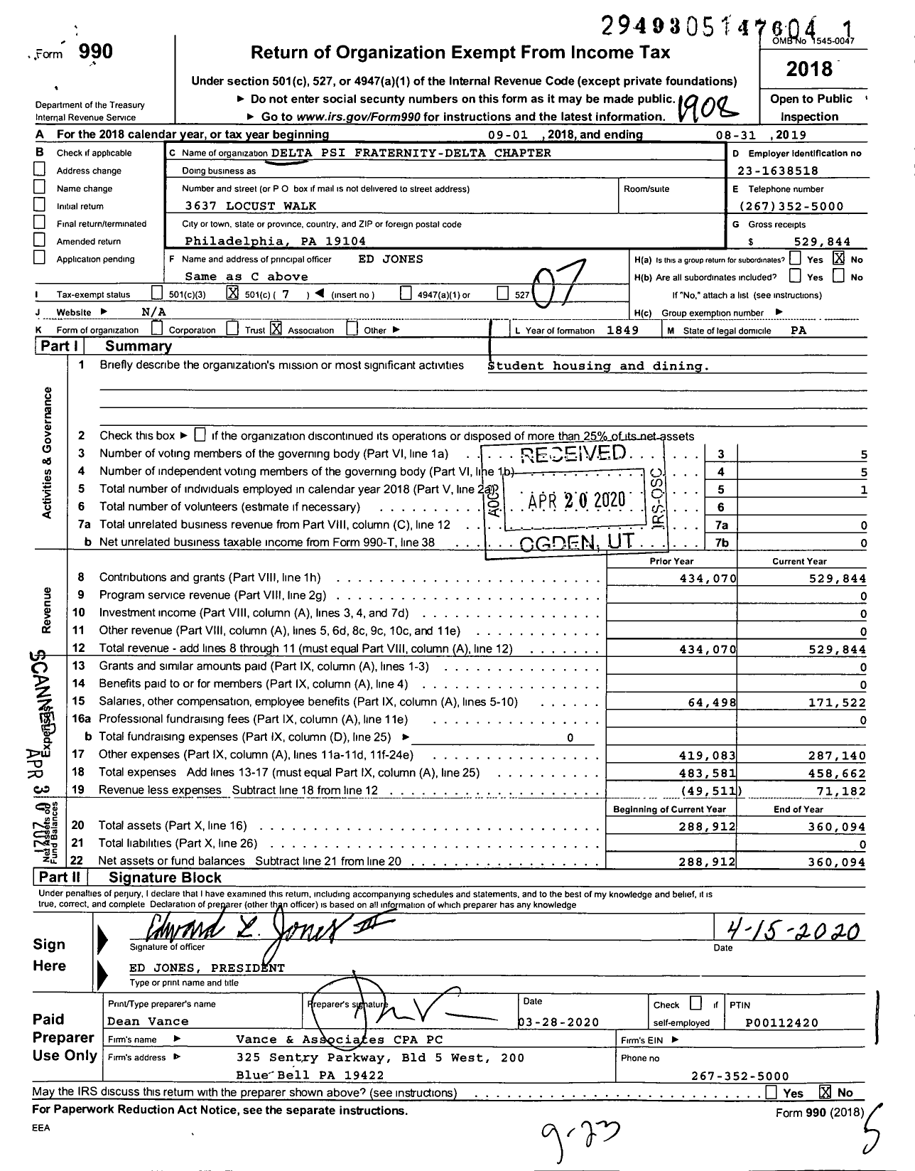 Image of first page of 2018 Form 990O for Delta Psi Fraternity