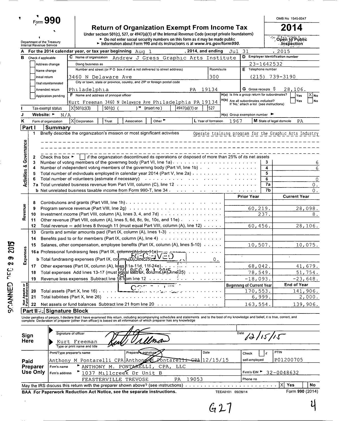 Image of first page of 2014 Form 990 for Andrew J Gress Graphic Arts Institute