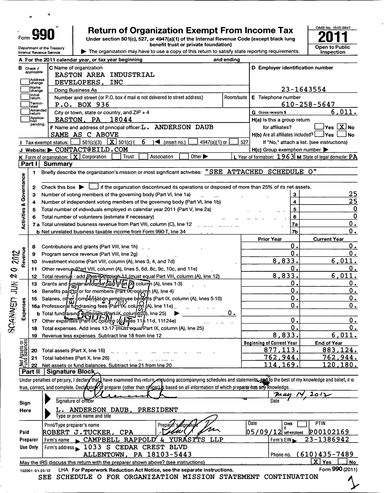 Image of first page of 2011 Form 990O for Easton Area Industrial Developers