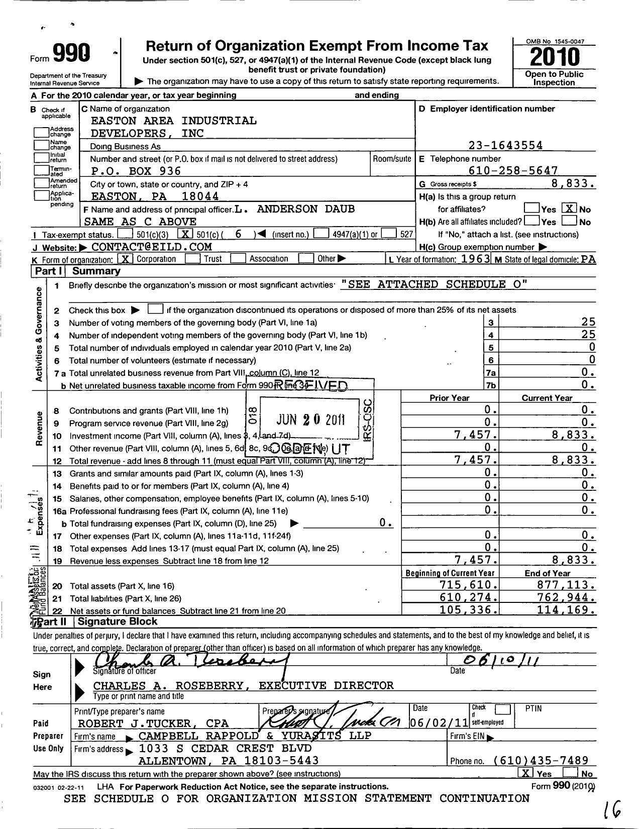 Image of first page of 2010 Form 990O for Easton Area Industrial Developers