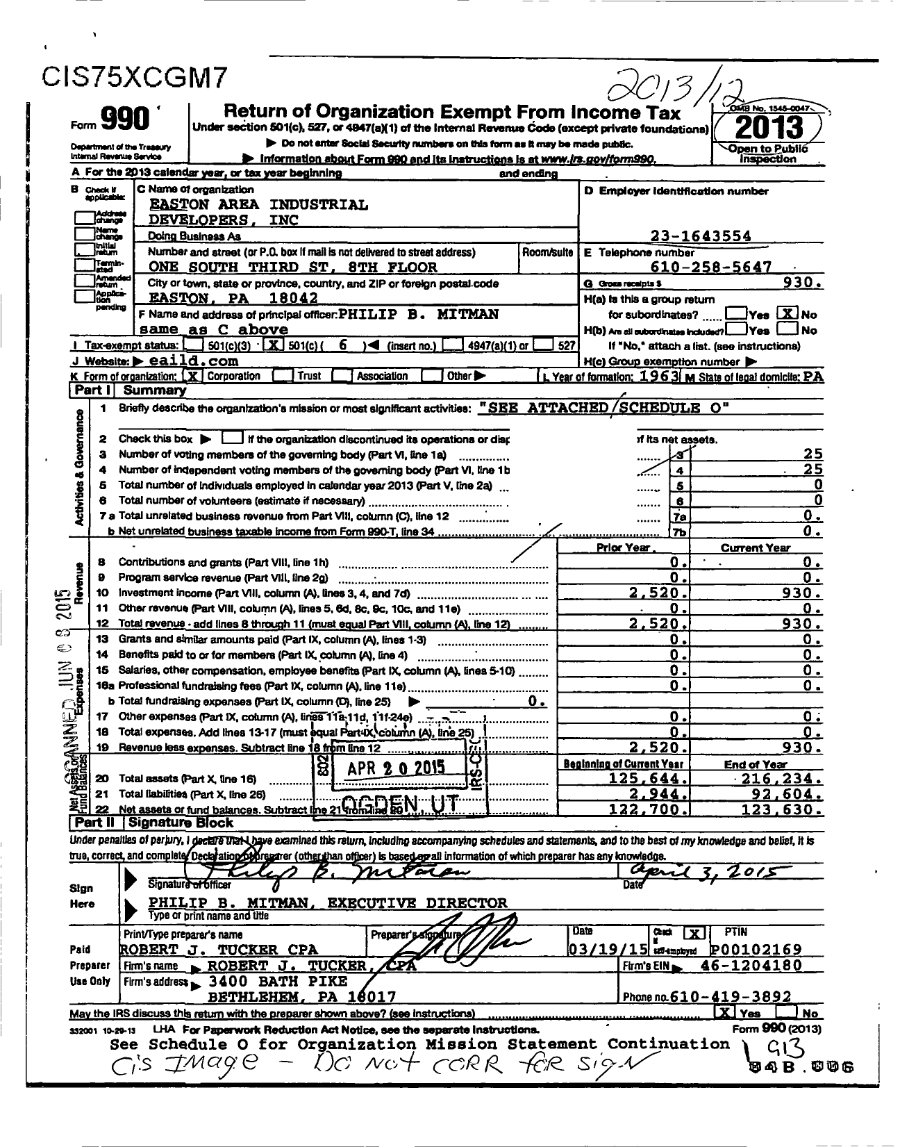 Image of first page of 2013 Form 990O for Easton Area Industrial Developers