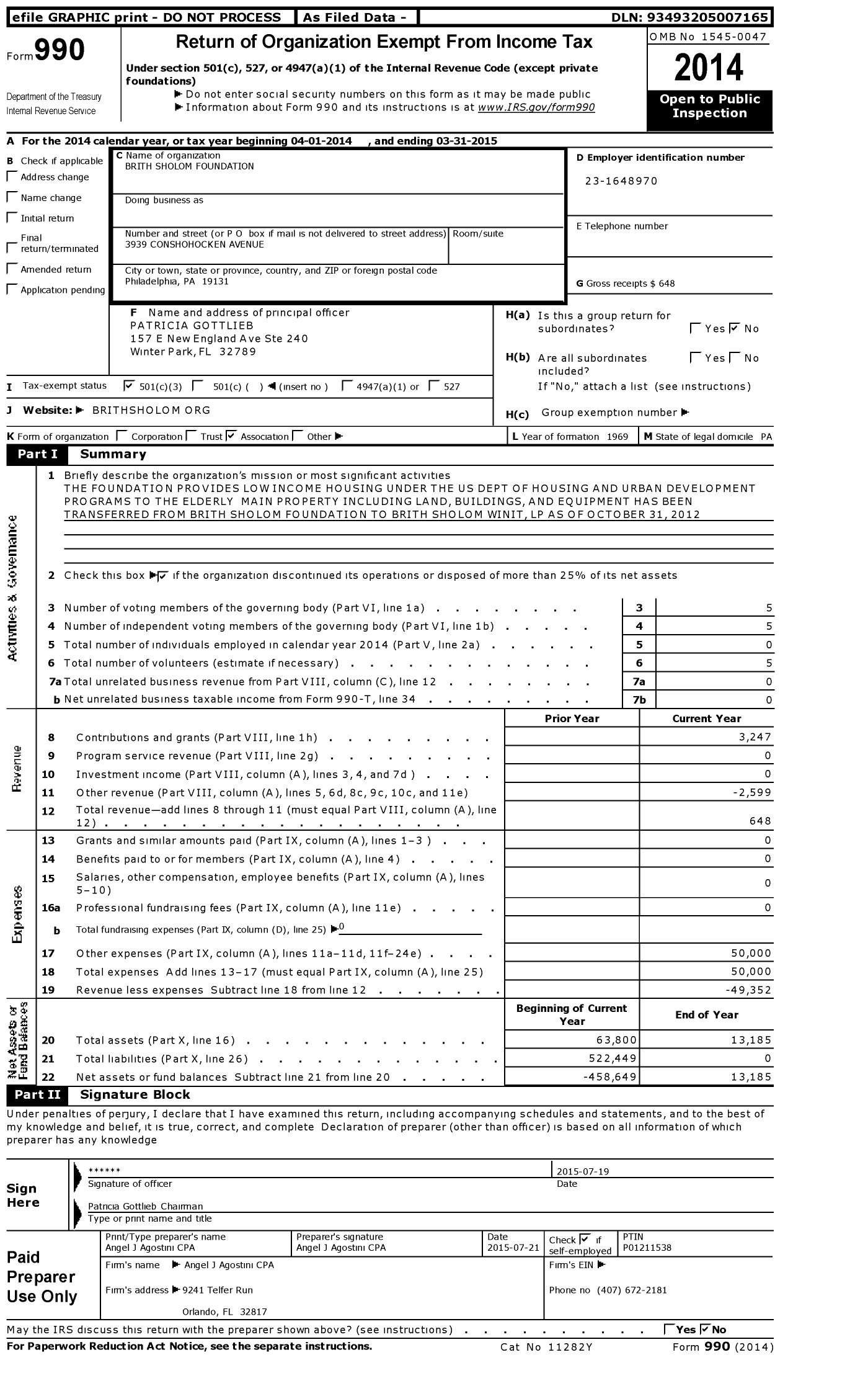 Image of first page of 2014 Form 990 for Brith Sholom Foundation / Brith Sholom House