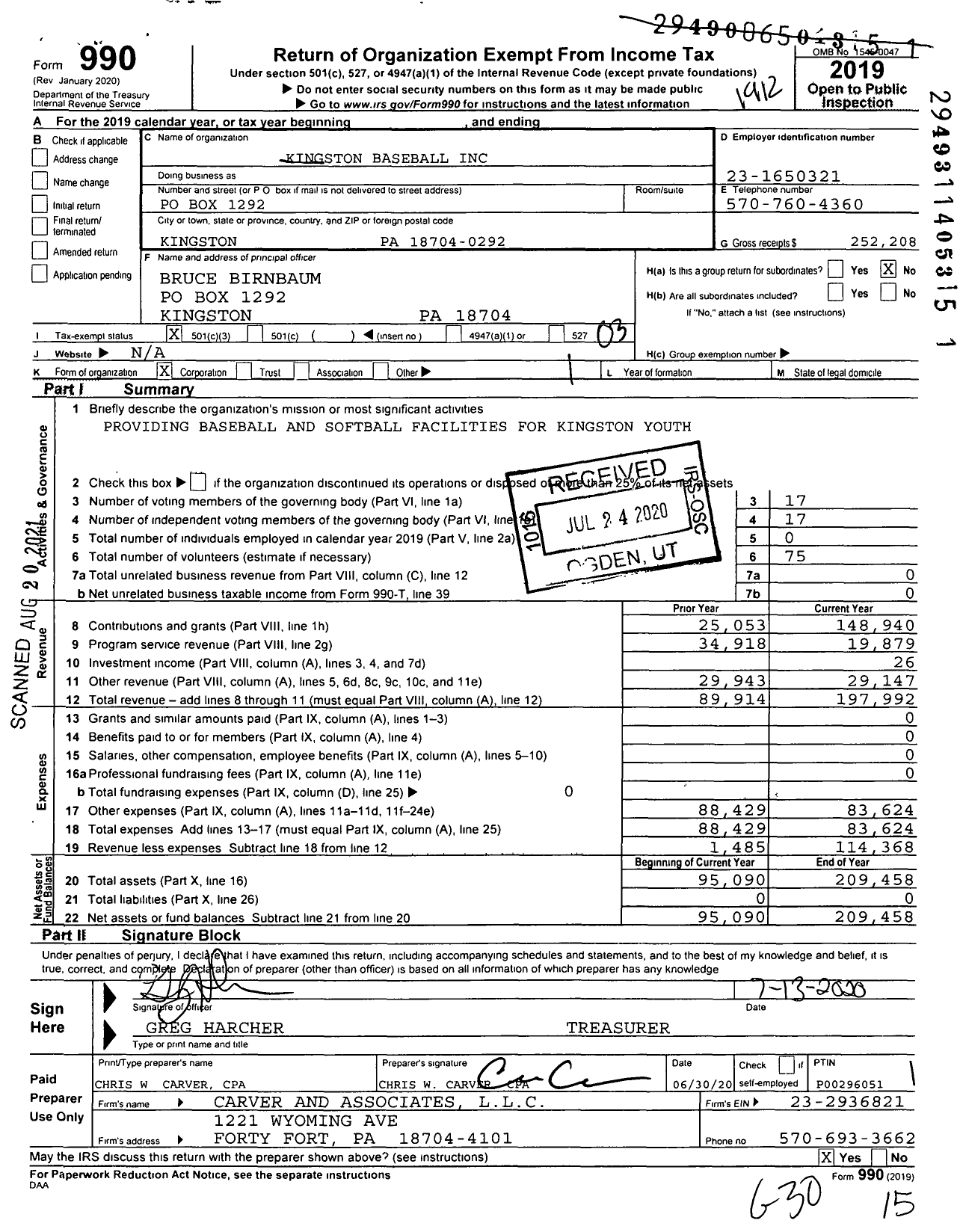 Image of first page of 2019 Form 990 for Kingston Baseball