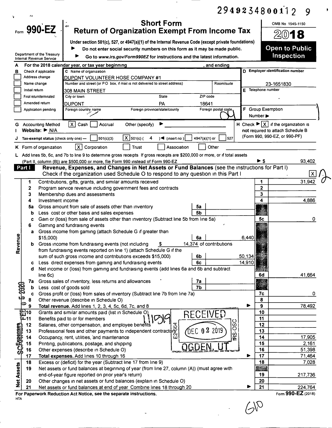 Image of first page of 2018 Form 990EO for Dupont Volunteer Hose Company 1