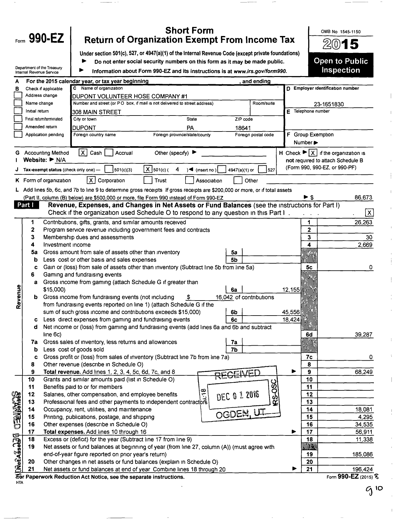 Image of first page of 2015 Form 990EO for Dupont Volunteer Hose Company 1