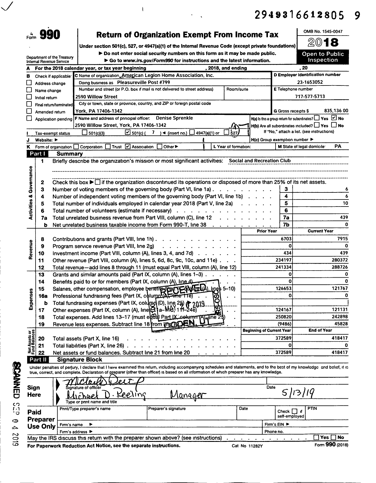 Image of first page of 2018 Form 990O for Pleasureville Post #799