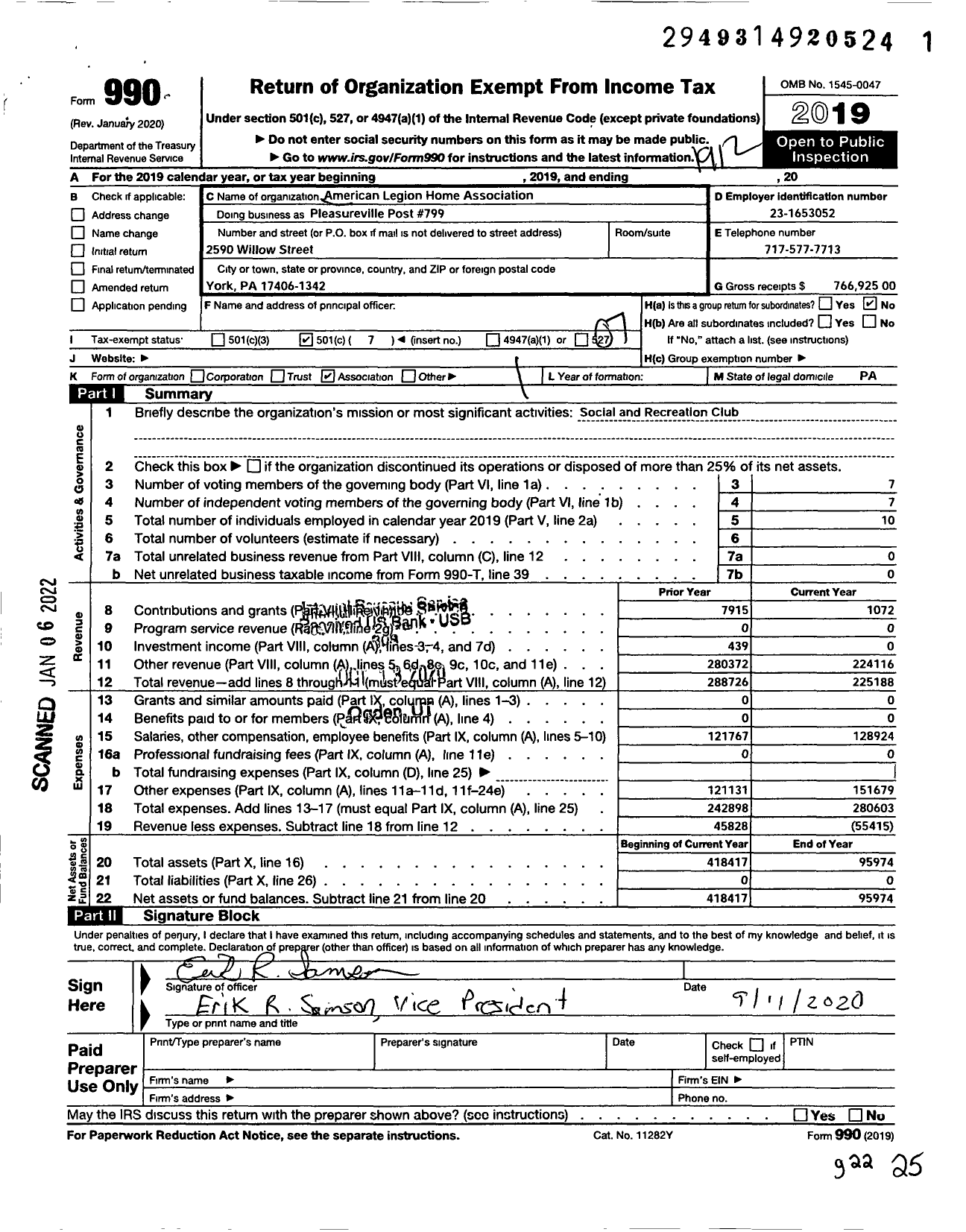 Image of first page of 2019 Form 990O for Pleasureville Post #799