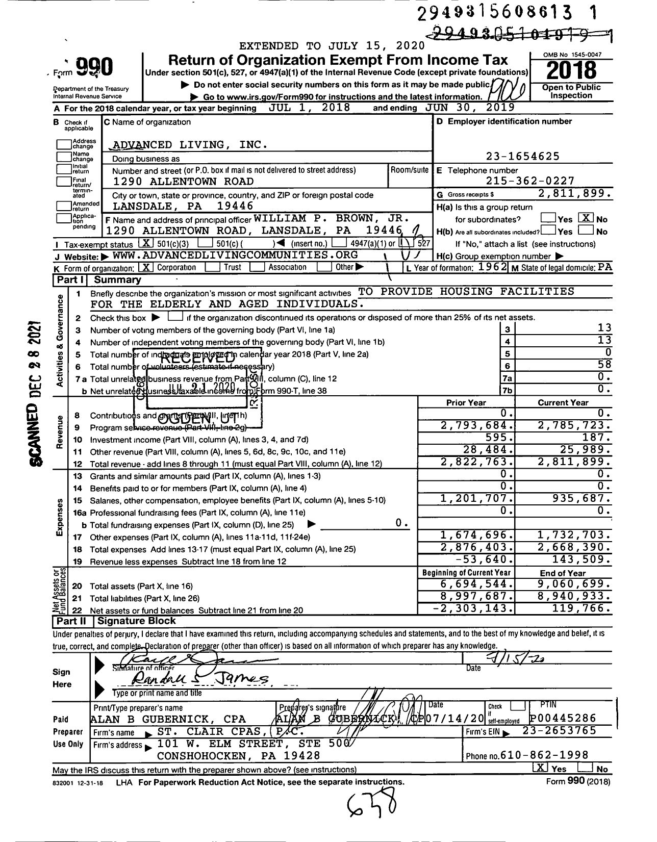 Image of first page of 2018 Form 990 for Advanced Living