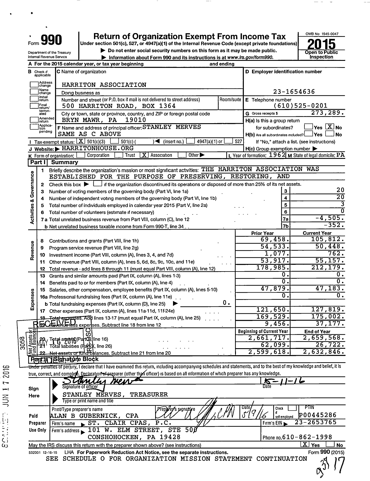 Image of first page of 2015 Form 990 for Harriton Association