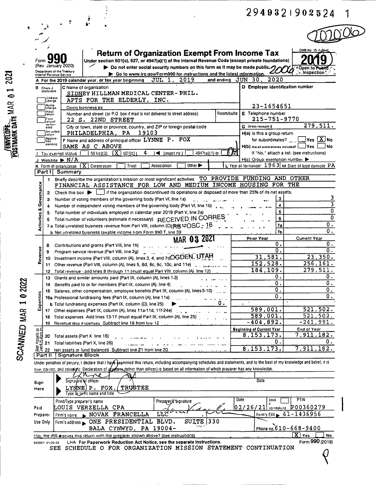 Image of first page of 2019 Form 990O for Sidney Hillman Medical Centr- Phil Apts for the Elderly