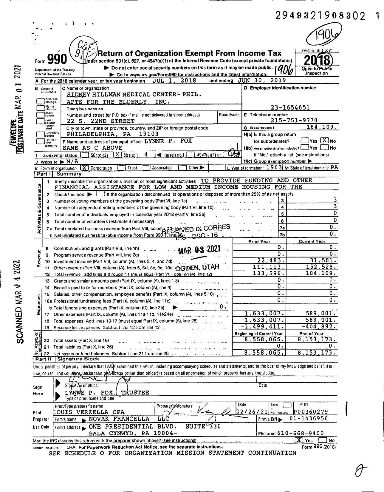 Image of first page of 2018 Form 990O for Sidney Hillman Medical Centr- Phil Apts for the Elderly