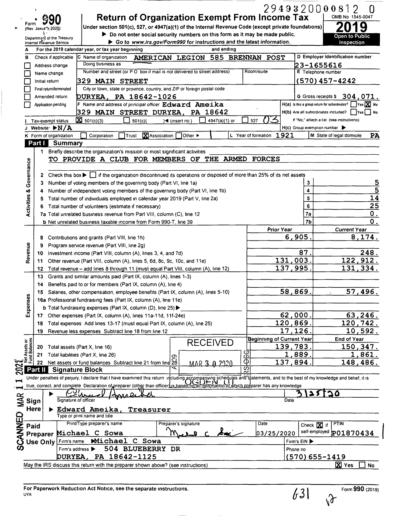 Image of first page of 2019 Form 990 for American Legion - Brennan Regan