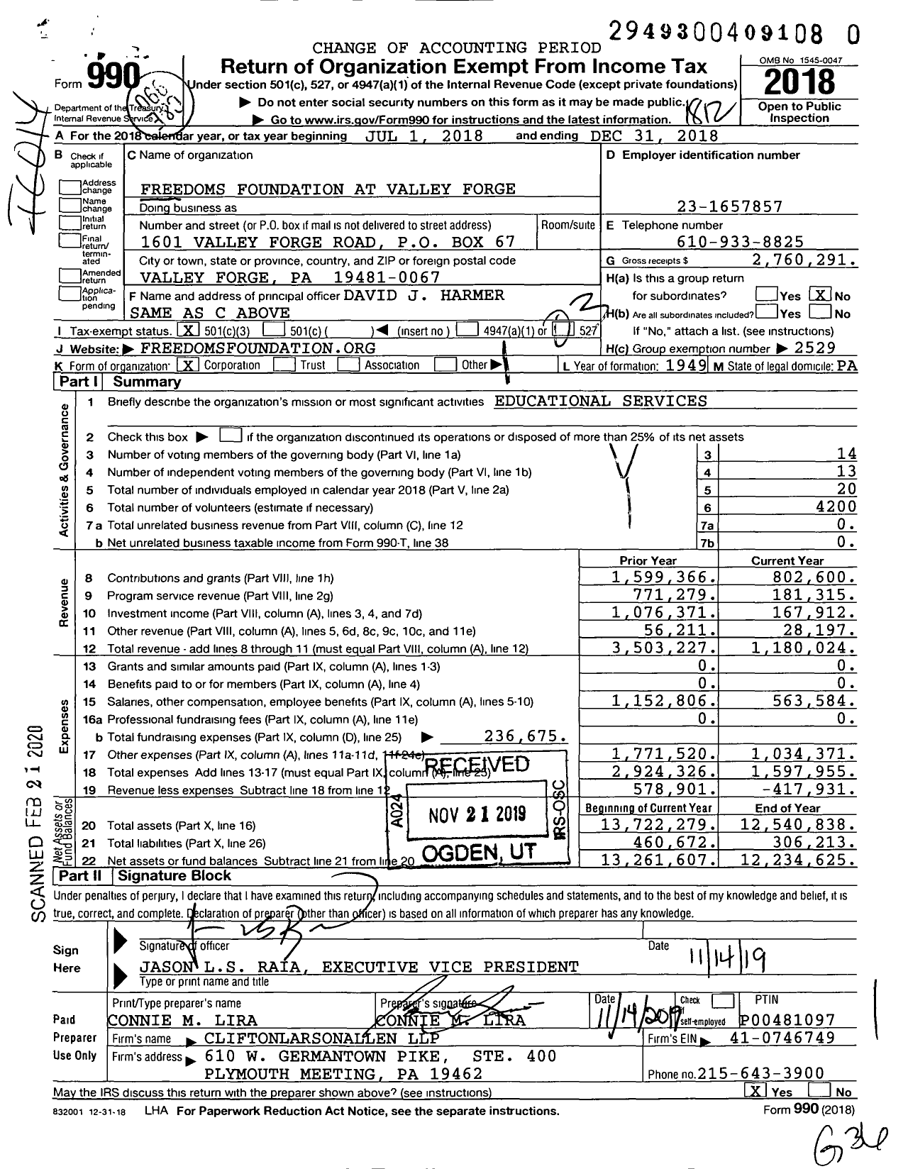 Image of first page of 2018 Form 990 for Freedoms Foundation at Valley Forge