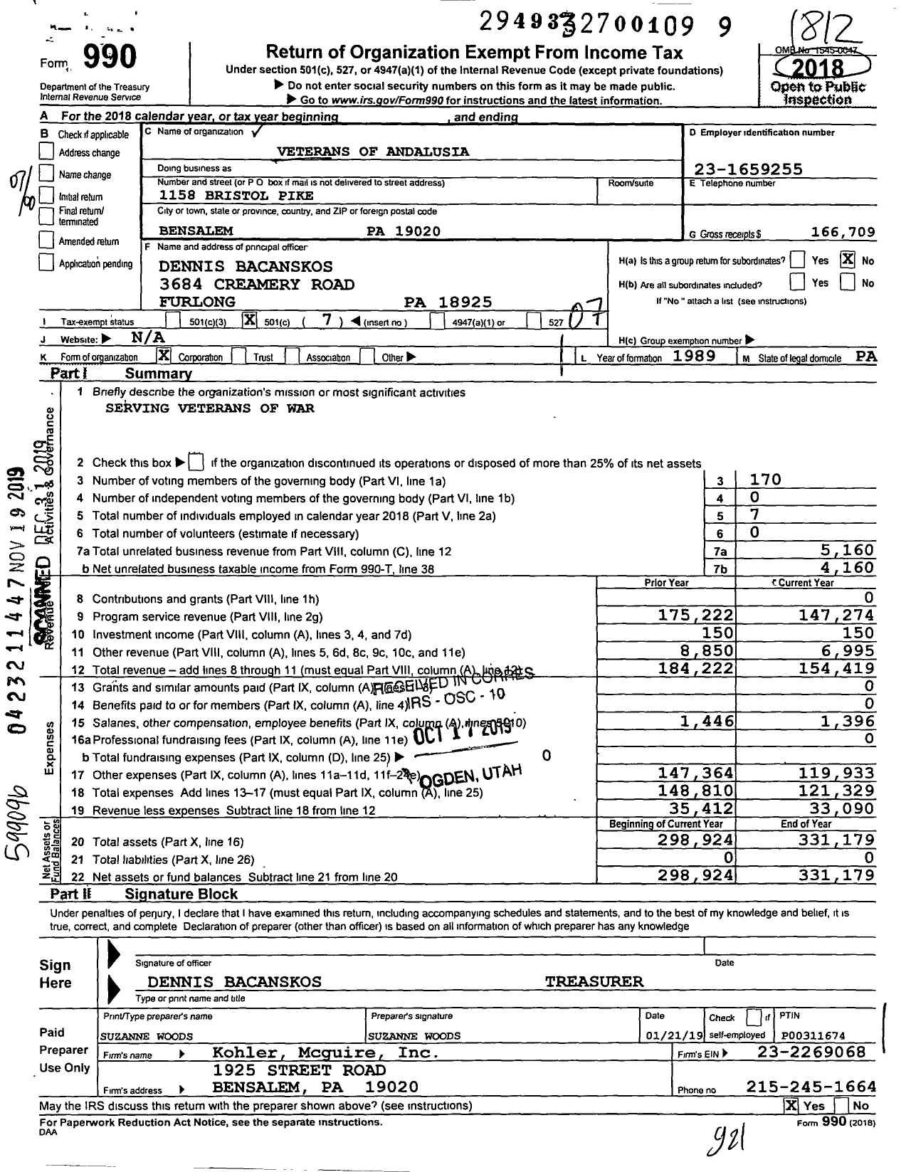 Image of first page of 2018 Form 990O for Veterans of Andalusia