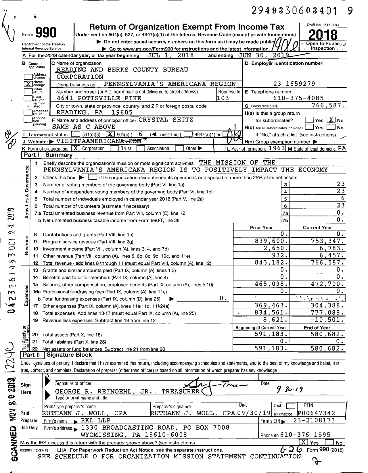 Image of first page of 2018 Form 990O for Pennsylvania's Americana Region