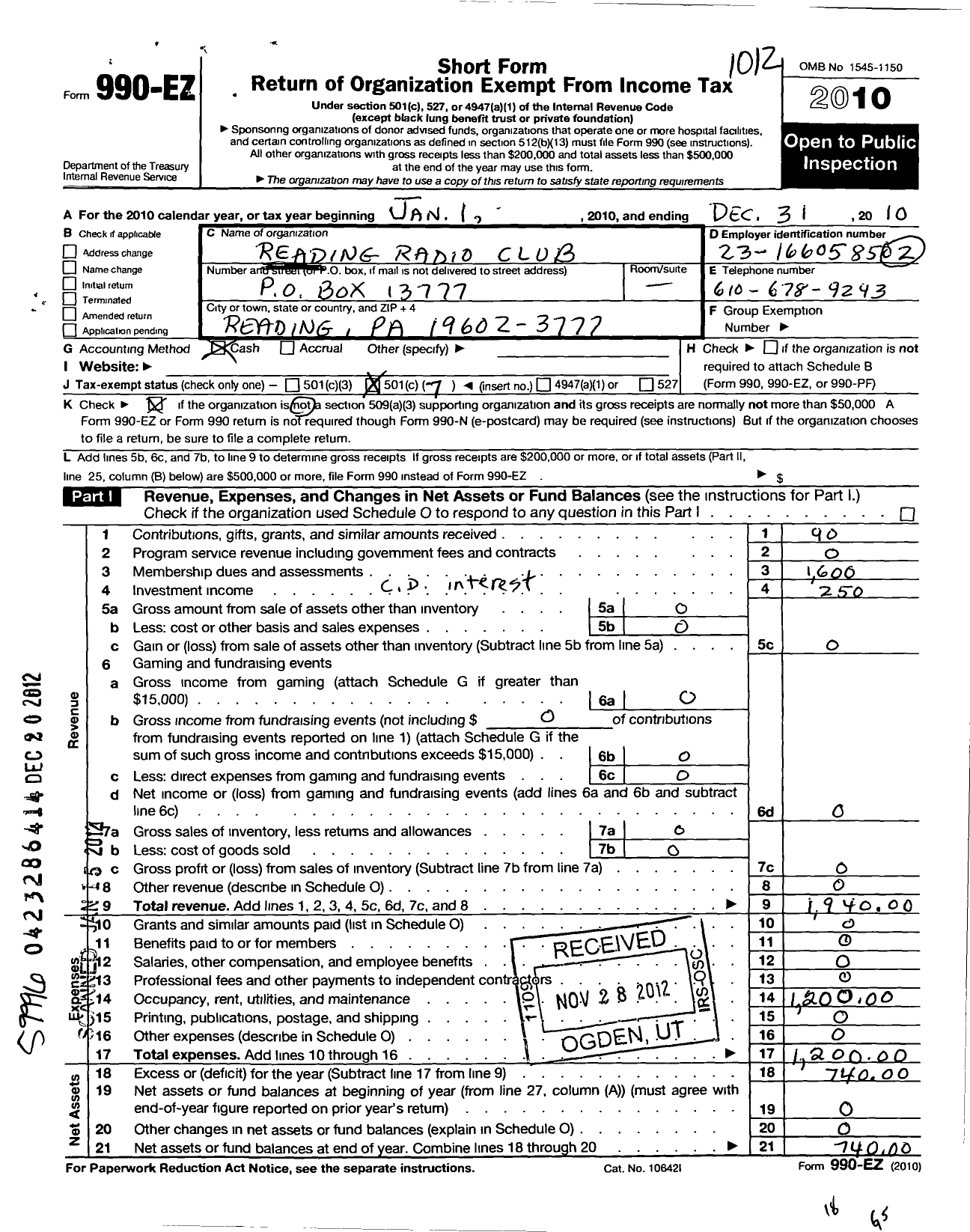 Image of first page of 2010 Form 990EO for Reading Radio Club