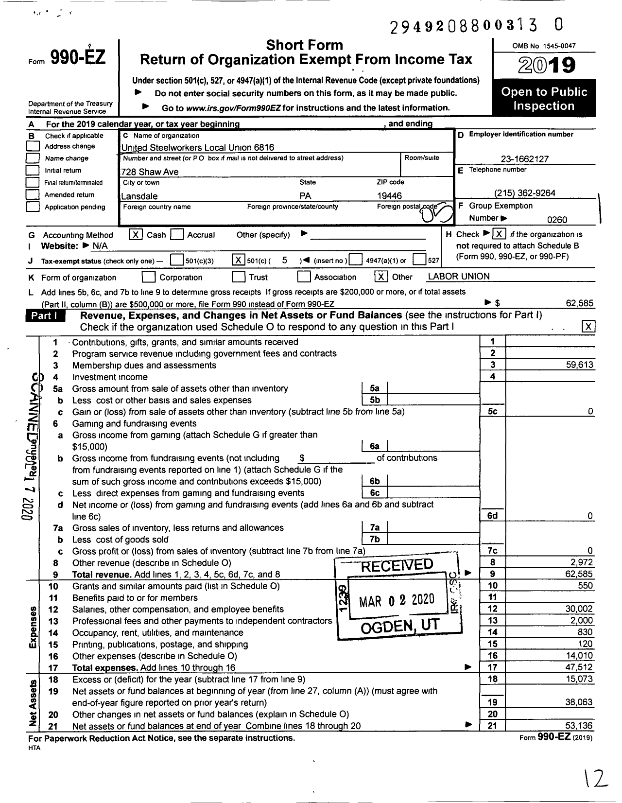 Image of first page of 2019 Form 990EO for United Steelworkers - 06816 Local