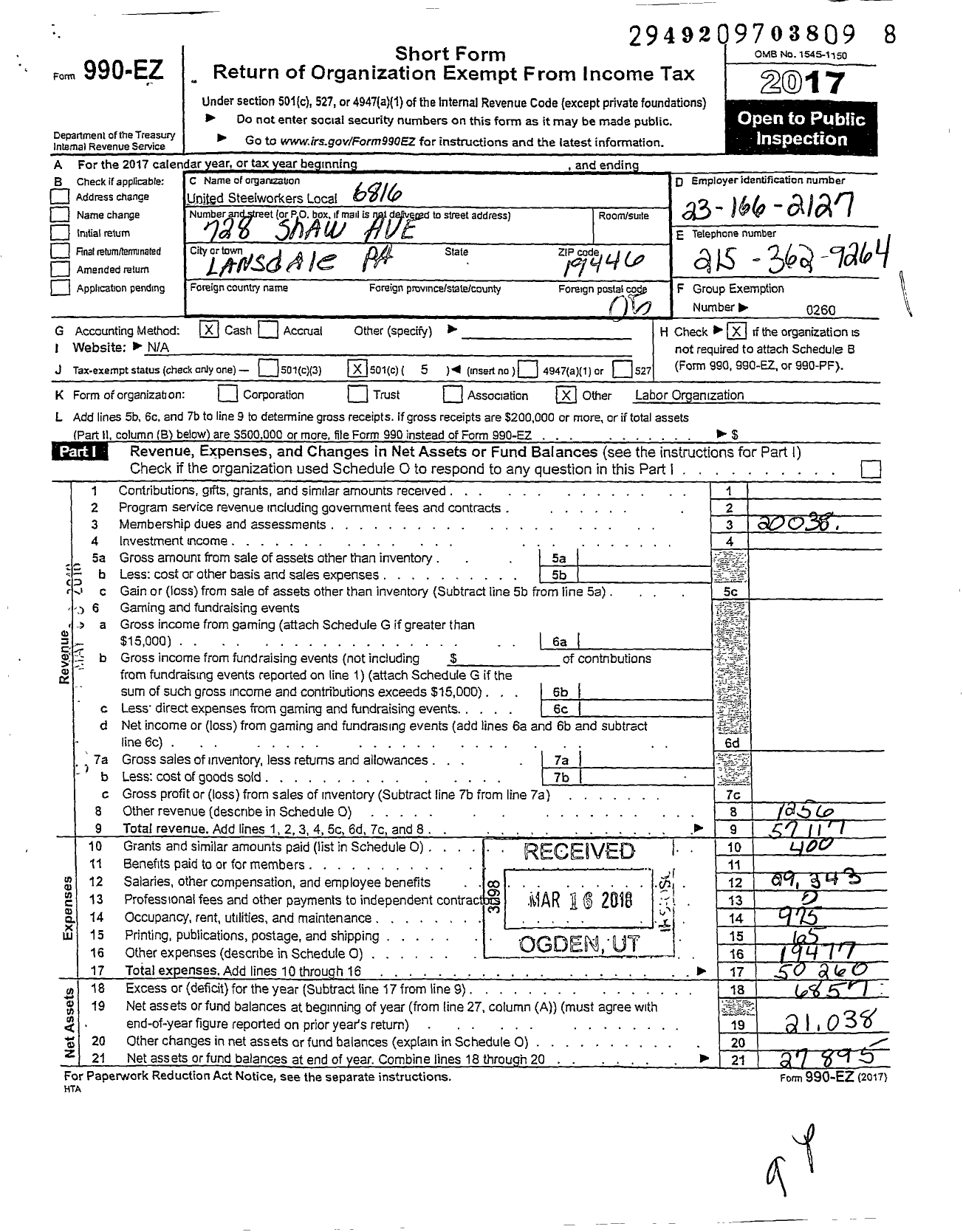 Image of first page of 2017 Form 990EO for United Steelworkers - 06816 Local