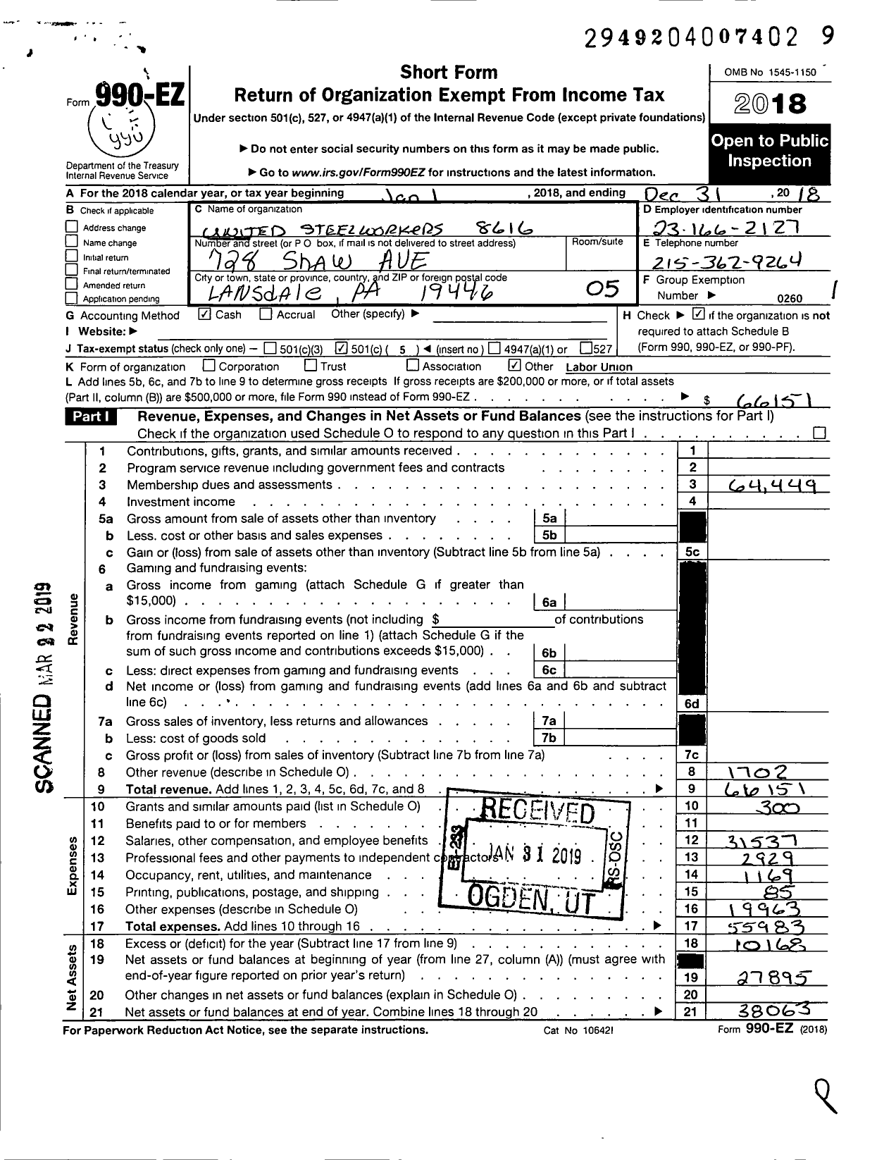 Image of first page of 2018 Form 990EO for United Steelworkers - 06816 Local