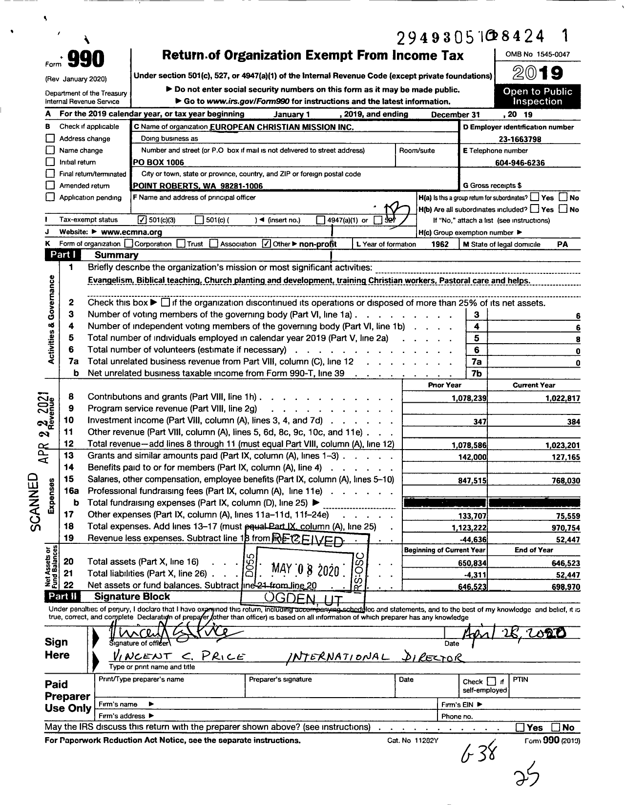 Image of first page of 2019 Form 990 for European Christian Mission