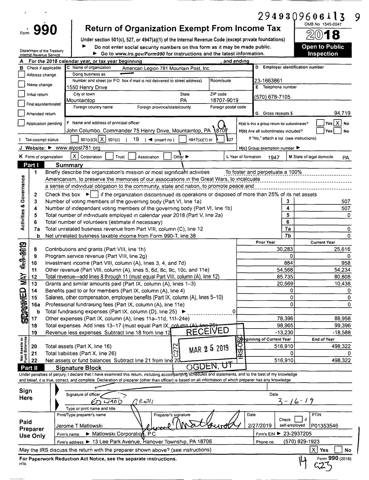 Image of first page of 2018 Form 990O for American Legion - 781 Mountain Post