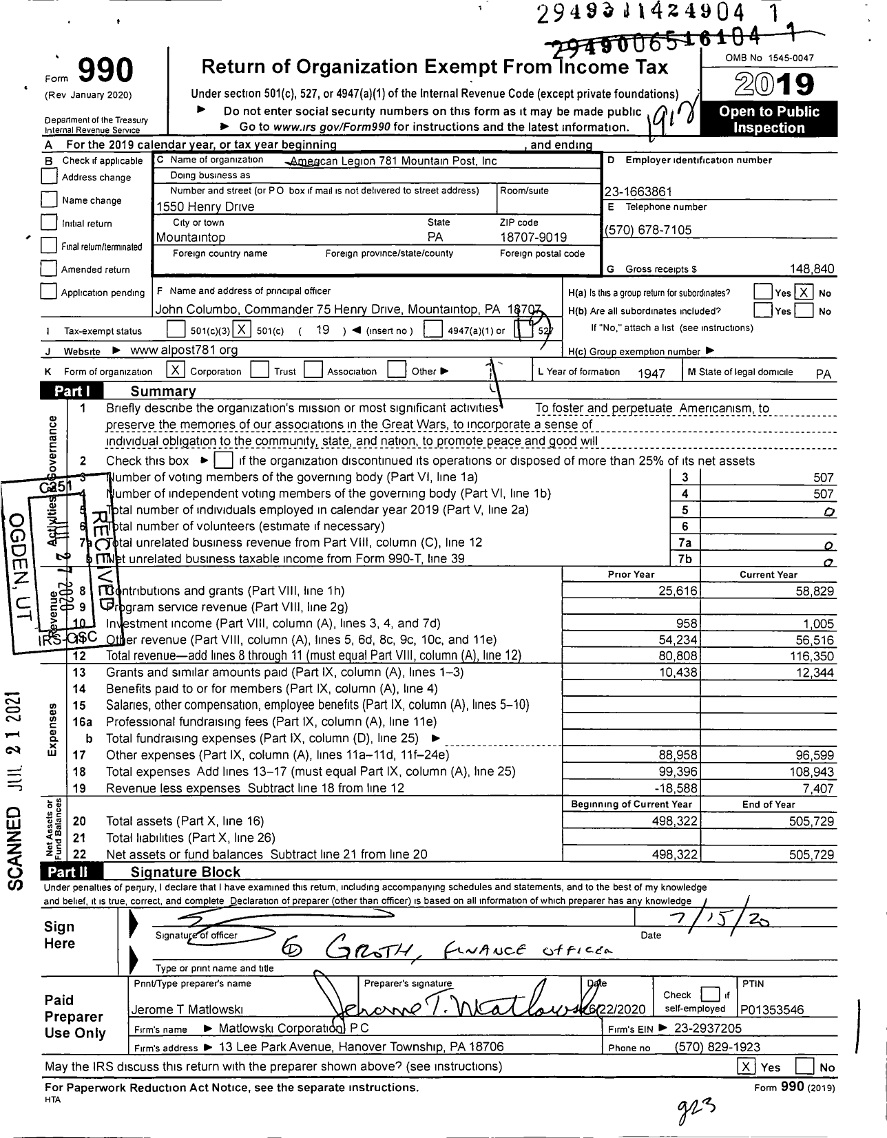 Image of first page of 2019 Form 990O for American Legion - 781 Mountain Post