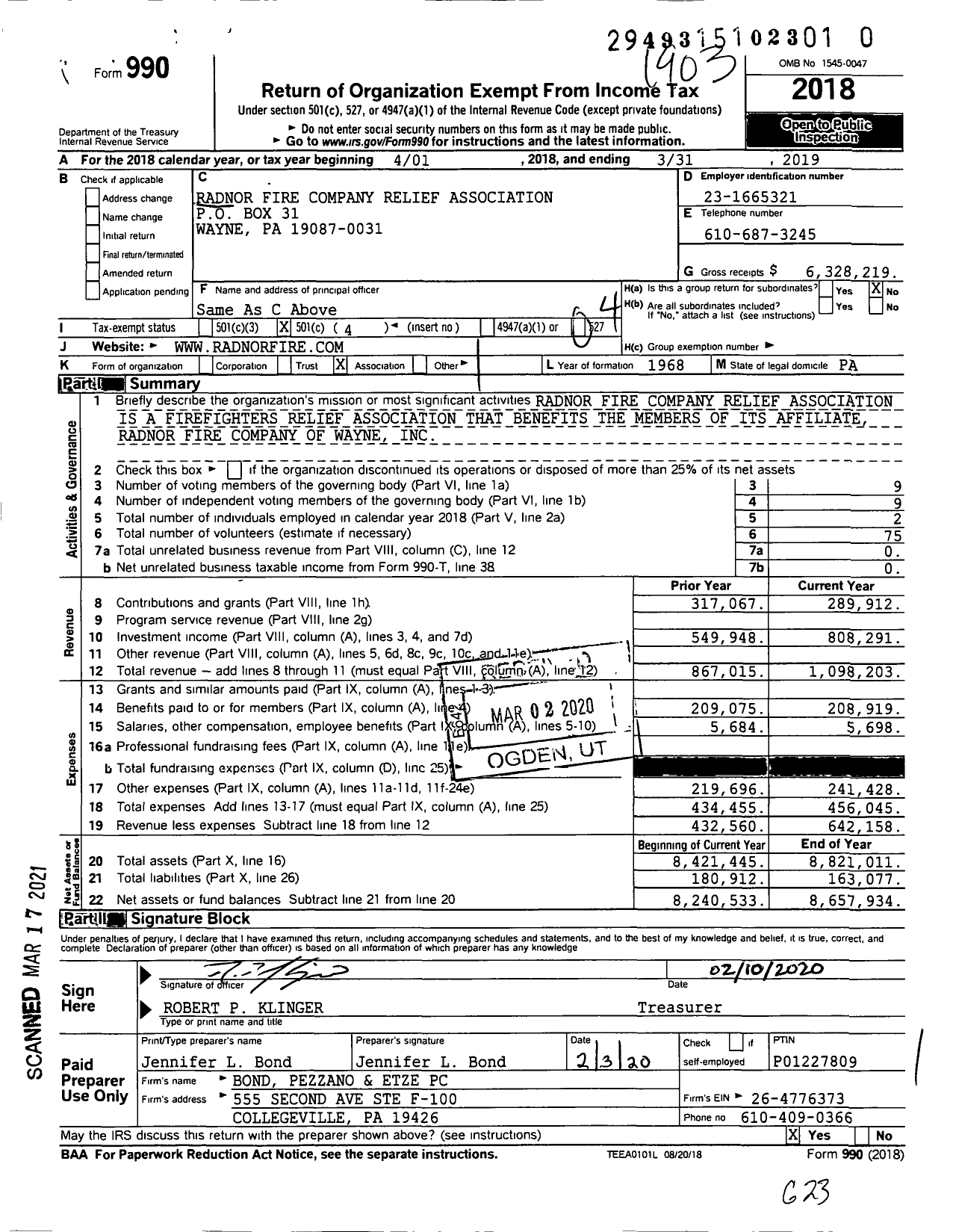 Image of first page of 2018 Form 990O for Radnor Fire Company Relief Association